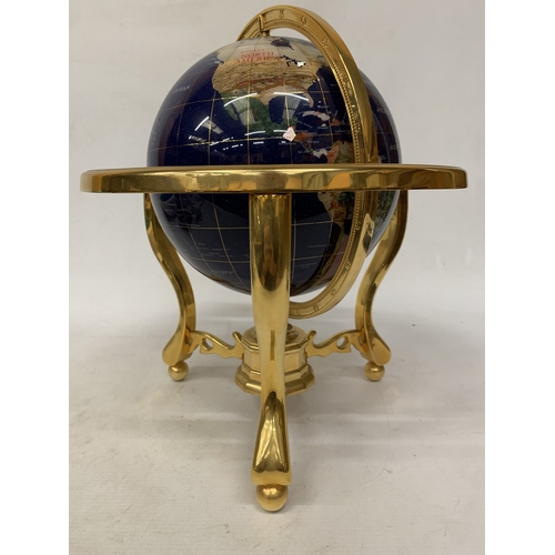 48 - A GEMSTONE WORLD GLOBE FEATURING A LAPIS LAZULI OCEAN WITH INLAID SEMI-PRECIOUS STONE CONTINENTS MOU... 