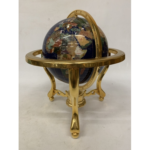48 - A GEMSTONE WORLD GLOBE FEATURING A LAPIS LAZULI OCEAN WITH INLAID SEMI-PRECIOUS STONE CONTINENTS MOU... 