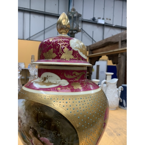 53A - A LARGE ROYAL VIENNA LIDDED JAR WITH HAND-PAINTED PANELS DEPICTING CLASSICAL FIGURES DECORATED WITH ... 