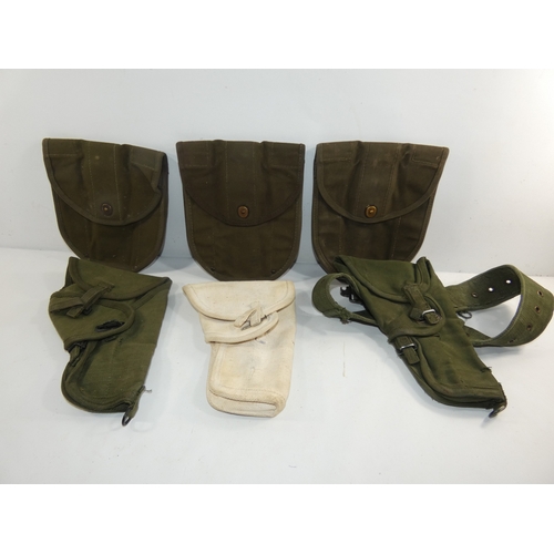 308 - A COLLECTION OF THREE MILITARY CANVAS HOLSTERS AND THREE POUCHES (6)