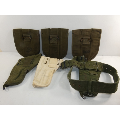 308 - A COLLECTION OF THREE MILITARY CANVAS HOLSTERS AND THREE POUCHES (6)