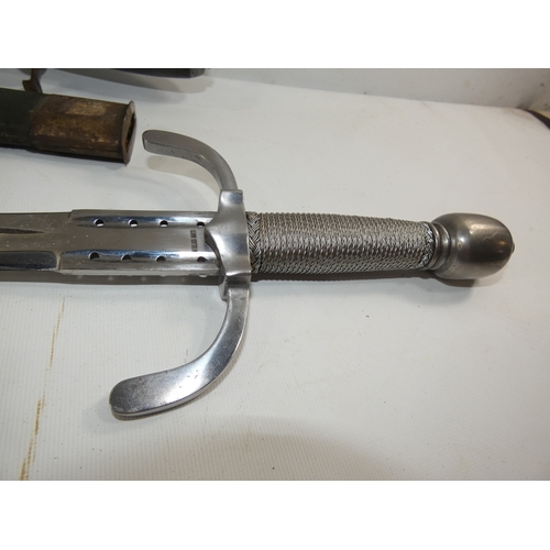311 - A MEDIEVAL STYLE DAGGER AND SCABBARD, 33CM BLADE, TWIST WIRE GRIP, LENGTH 52CM AND A SHORT SWORD AND... 