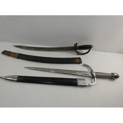311 - A MEDIEVAL STYLE DAGGER AND SCABBARD, 33CM BLADE, TWIST WIRE GRIP, LENGTH 52CM AND A SHORT SWORD AND... 