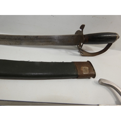 311 - A MEDIEVAL STYLE DAGGER AND SCABBARD, 33CM BLADE, TWIST WIRE GRIP, LENGTH 52CM AND A SHORT SWORD AND... 