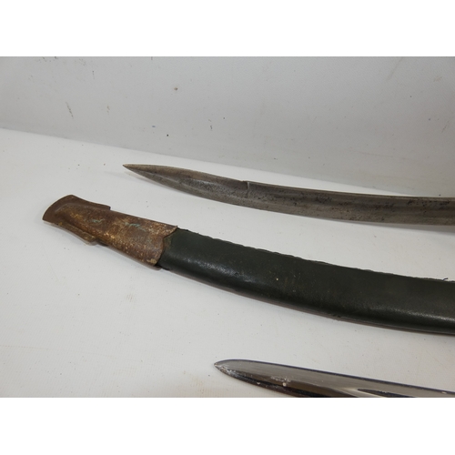 311 - A MEDIEVAL STYLE DAGGER AND SCABBARD, 33CM BLADE, TWIST WIRE GRIP, LENGTH 52CM AND A SHORT SWORD AND... 