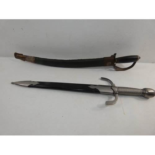 311 - A MEDIEVAL STYLE DAGGER AND SCABBARD, 33CM BLADE, TWIST WIRE GRIP, LENGTH 52CM AND A SHORT SWORD AND... 
