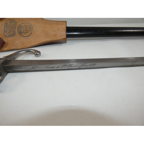 314 - A FRENCH GRAS BAYONET AND SCABBARD, 52CM BLADE MARKED 1876 LENGTH 66CM