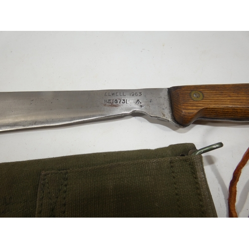 315 - A MILITARY MACHETTE AND SCABBARD 33CM BLADE MARKED ELLWELL 1963 LENGTH 47CM