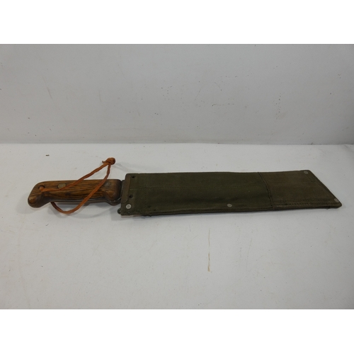315 - A MILITARY MACHETTE AND SCABBARD 33CM BLADE MARKED ELLWELL 1963 LENGTH 47CM