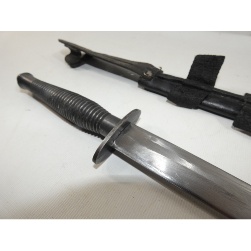 316 - A VINTAGE FAIRBIARN SYKES FIGHTING KNIFE AND SCABBARD 17.5CM BLADE LENGTH 34CM