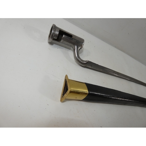 327 - A VINTAGE SOCKET BAYONET AND SCABBARD 41CM BLADE, LENGTH 55CM