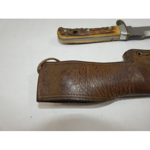 337 - A VINTAGE GERMAN MADE HUNTING KNIFE AND SCABBARD, 15CM BLADE, ANTLER GRIP, LENGTH 29CM