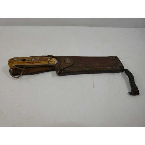 337 - A VINTAGE GERMAN MADE HUNTING KNIFE AND SCABBARD, 15CM BLADE, ANTLER GRIP, LENGTH 29CM