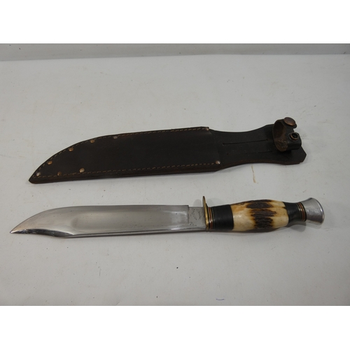 338 - A SHEFFIELD MADE BOWIE KNIFE AND SCABBARD, 20CM BLADE, LENGTH 34CM