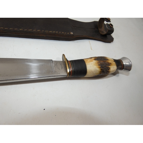 338 - A SHEFFIELD MADE BOWIE KNIFE AND SCABBARD, 20CM BLADE, LENGTH 34CM