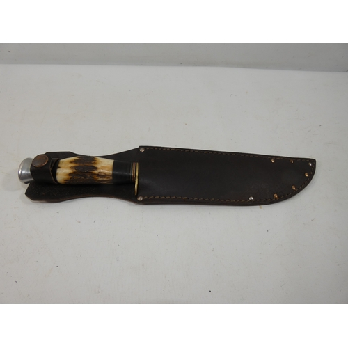 338 - A SHEFFIELD MADE BOWIE KNIFE AND SCABBARD, 20CM BLADE, LENGTH 34CM