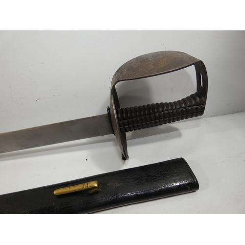 341 - A NAVAL BOARDING CUTLASS AND SCABBARD, 76CM BLADE, STEEL SHELL GUARD, LENGTH 89CM
