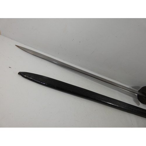 341 - A NAVAL BOARDING CUTLASS AND SCABBARD, 76CM BLADE, STEEL SHELL GUARD, LENGTH 89CM