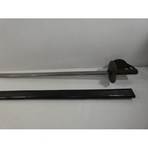 341 - A NAVAL BOARDING CUTLASS AND SCABBARD, 76CM BLADE, STEEL SHELL GUARD, LENGTH 89CM