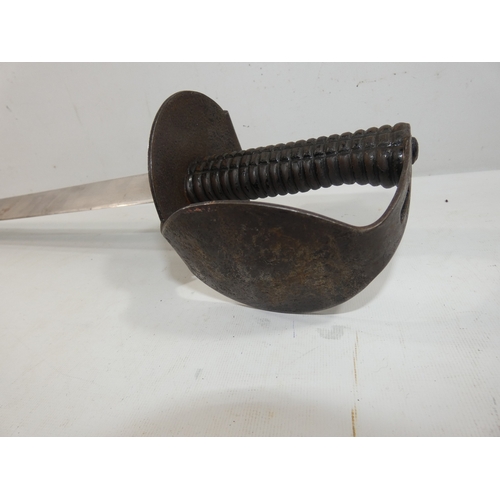 341 - A NAVAL BOARDING CUTLASS AND SCABBARD, 76CM BLADE, STEEL SHELL GUARD, LENGTH 89CM