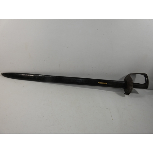 341 - A NAVAL BOARDING CUTLASS AND SCABBARD, 76CM BLADE, STEEL SHELL GUARD, LENGTH 89CM