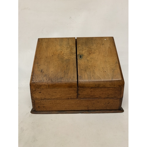 8 - A CIRCA 1920 BURR WALNUT DESK TIDY CABINET WITH INKWELLS
