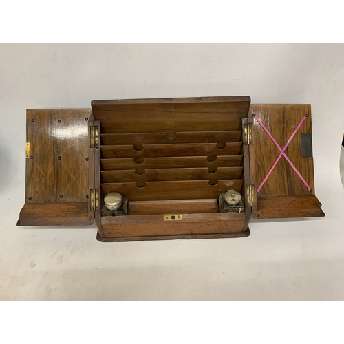 8 - A CIRCA 1920 BURR WALNUT DESK TIDY CABINET WITH INKWELLS