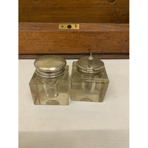 8 - A CIRCA 1920 BURR WALNUT DESK TIDY CABINET WITH INKWELLS