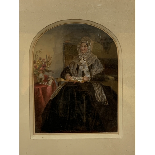 9 - AN ANTIQUE OIL ON BOARD PORTRAIT OF A SEATED ELDERLY LADY IN VICTORIAN DRESS, IN A GILT FRAME, 40CM ... 