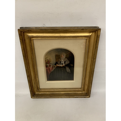 9 - AN ANTIQUE OIL ON BOARD PORTRAIT OF A SEATED ELDERLY LADY IN VICTORIAN DRESS, IN A GILT FRAME, 40CM ... 