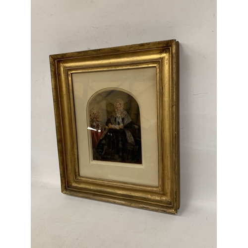 9 - AN ANTIQUE OIL ON BOARD PORTRAIT OF A SEATED ELDERLY LADY IN VICTORIAN DRESS, IN A GILT FRAME, 40CM ... 