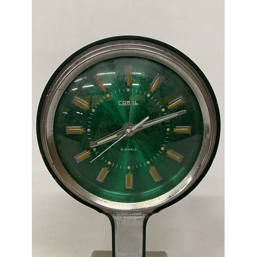 27 - A VINTAGE 1960'S, CORAL SPACE AGE 'TULIP' PEDESTAL CLOCK WITH A TRANSLUCENT GREEN FACE ON A CHROME B... 