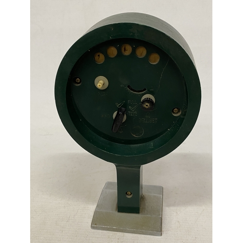 27 - A VINTAGE 1960'S, CORAL SPACE AGE 'TULIP' PEDESTAL CLOCK WITH A TRANSLUCENT GREEN FACE ON A CHROME B... 