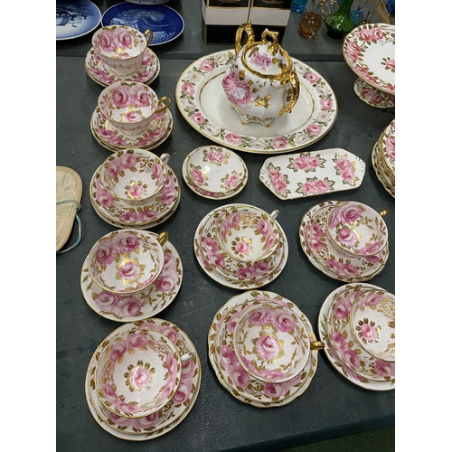 54 - AN ANTIQUE 'SWANSEA ROSE' BY GROSVENOR, CHINA TEASET TO INCLUDE A CAKE STAND, TRIOS, LIDDED CABBAGE ... 