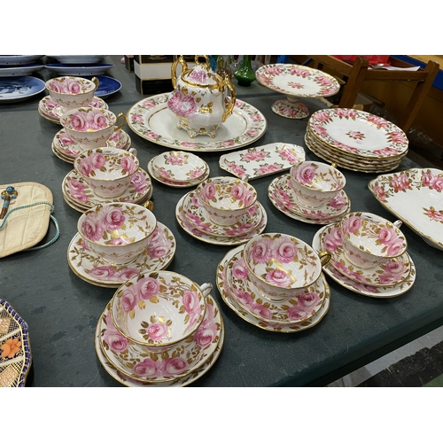 54 - AN ANTIQUE 'SWANSEA ROSE' BY GROSVENOR, CHINA TEASET TO INCLUDE A CAKE STAND, TRIOS, LIDDED CABBAGE ... 