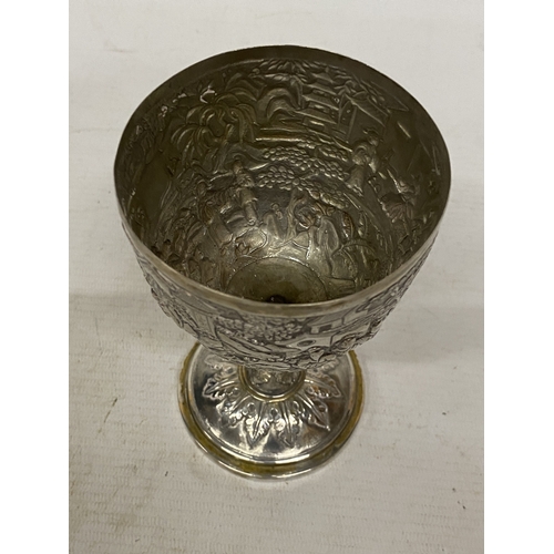 1 - A TESTED TO 800 SILVER CHINESE EXPORT GOBLET WITH REPOUSSE DECORATION OF FIGURES IN A LANDSCAPE WITH... 