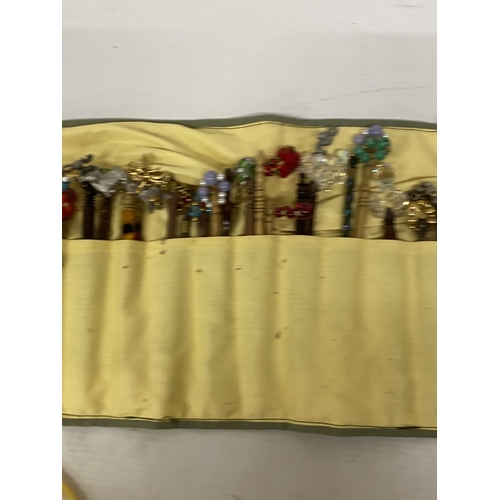 44 - A COLLECTION OF APPROX 46 WOODEN LACE MAKING BOBBINS WITH CHARMS AND SPANGLES