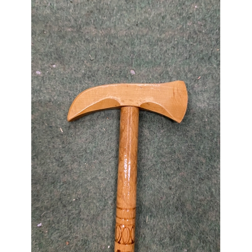 45 - A WOODEN WALKING STICK WITH NORDIC REINDEER DESIGN AND ICE PICK STYLE HANDLE