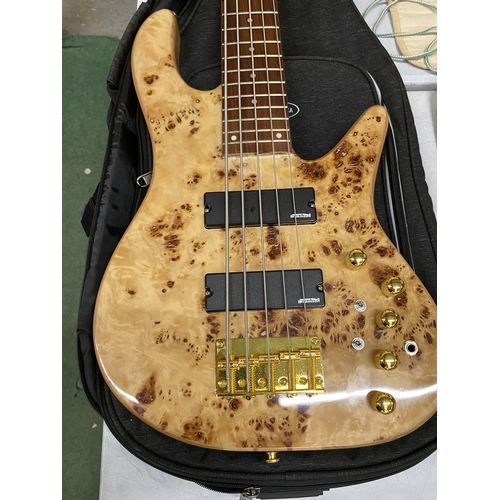 53 - AN AS NEW FIVE STRING ELECTRIC BASS GUITAR WITH CASE