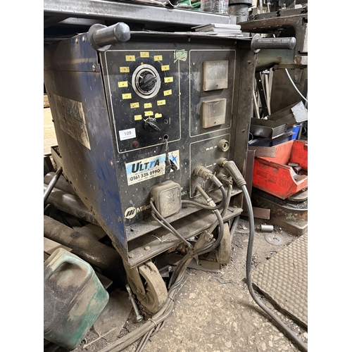 109 - AN ULTRA 480 MIG WELDER ON TROLLEY BASE WITH SEPARATE WIRE FEED, GOOD WORKING ORDER WHILST ALL DESCR... 