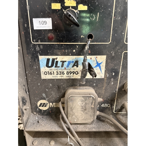 109 - AN ULTRA 480 MIG WELDER ON TROLLEY BASE WITH SEPARATE WIRE FEED, GOOD WORKING ORDER WHILST ALL DESCR... 