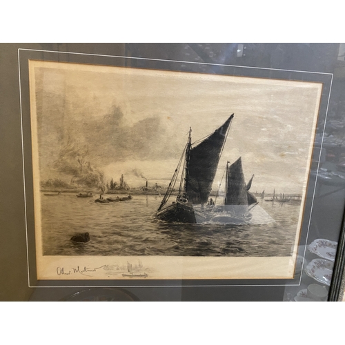 54 - A FRAMED MONOCHROME ETCHING OF SAILING VESSELS ON THE WATER BY BRITISH MARITIME PRINTMAKER ALEXANDER... 