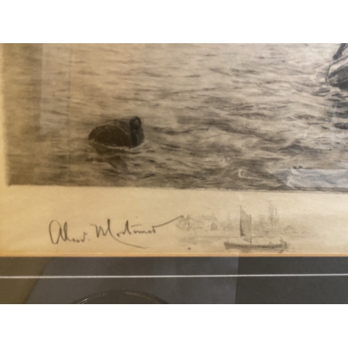 54 - A FRAMED MONOCHROME ETCHING OF SAILING VESSELS ON THE WATER BY BRITISH MARITIME PRINTMAKER ALEXANDER... 