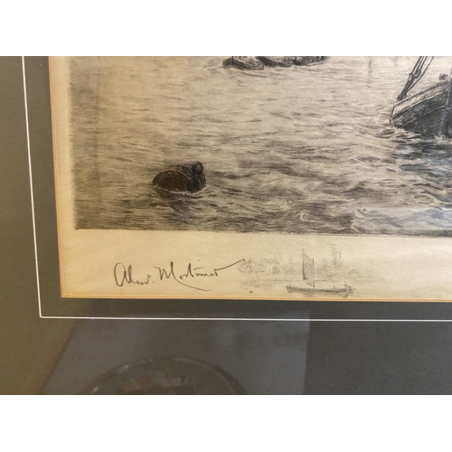 54 - A FRAMED MONOCHROME ETCHING OF SAILING VESSELS ON THE WATER BY BRITISH MARITIME PRINTMAKER ALEXANDER... 