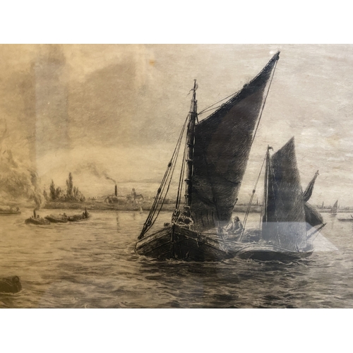 54 - A FRAMED MONOCHROME ETCHING OF SAILING VESSELS ON THE WATER BY BRITISH MARITIME PRINTMAKER ALEXANDER... 