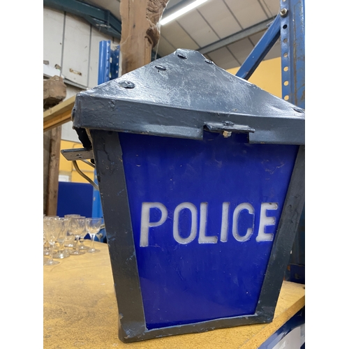 66 - A BLUE AND GREY METAL-FRAMED WALL MOUNTED POLICE LANTERN