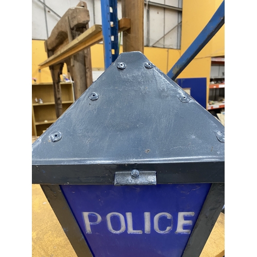 66 - A BLUE AND GREY METAL-FRAMED WALL MOUNTED POLICE LANTERN