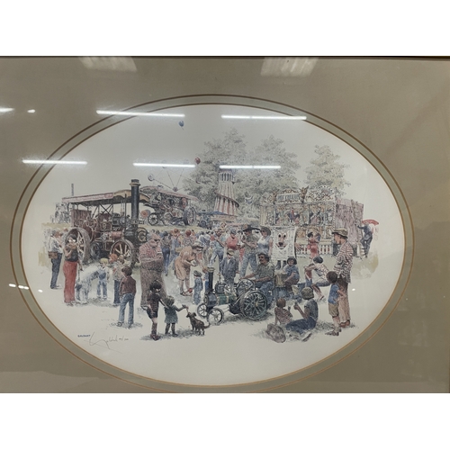 89 - A FRAMED AND MOUNTED LIMITED EDITION COLOUR PRINT OF A BUSTLING FAIRGROUND BY THE ARTIST WILLIAM GEL... 