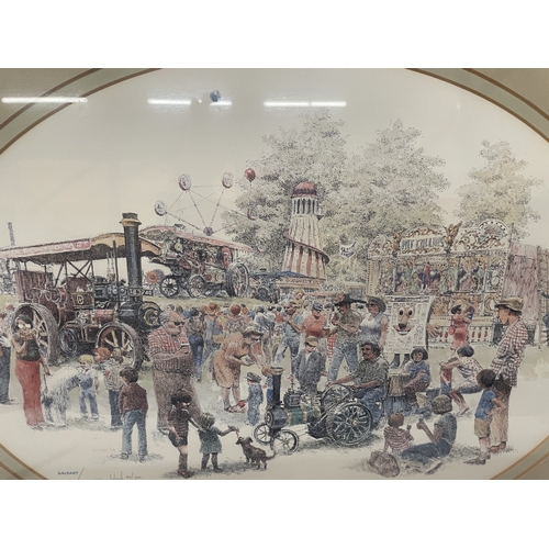 89 - A FRAMED AND MOUNTED LIMITED EDITION COLOUR PRINT OF A BUSTLING FAIRGROUND BY THE ARTIST WILLIAM GEL... 