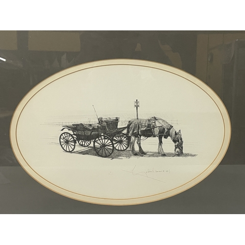 91 - A FRAMED AND OVAL MOUNTED MONOCHROMATIC PENCIL DRAWING OF A HORSE AND CART LIMITED EDITION SIGNED WI... 